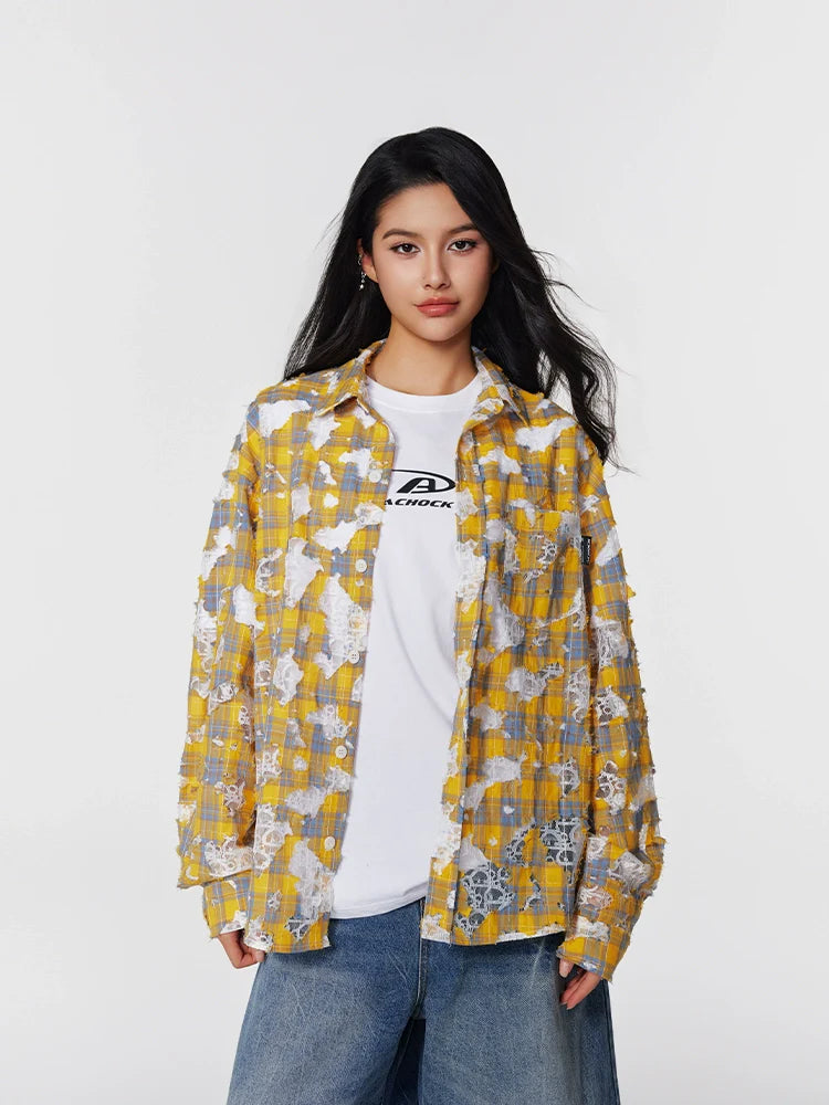 Achock Holes Lace Patches Plaid Long Sleeved Shirt