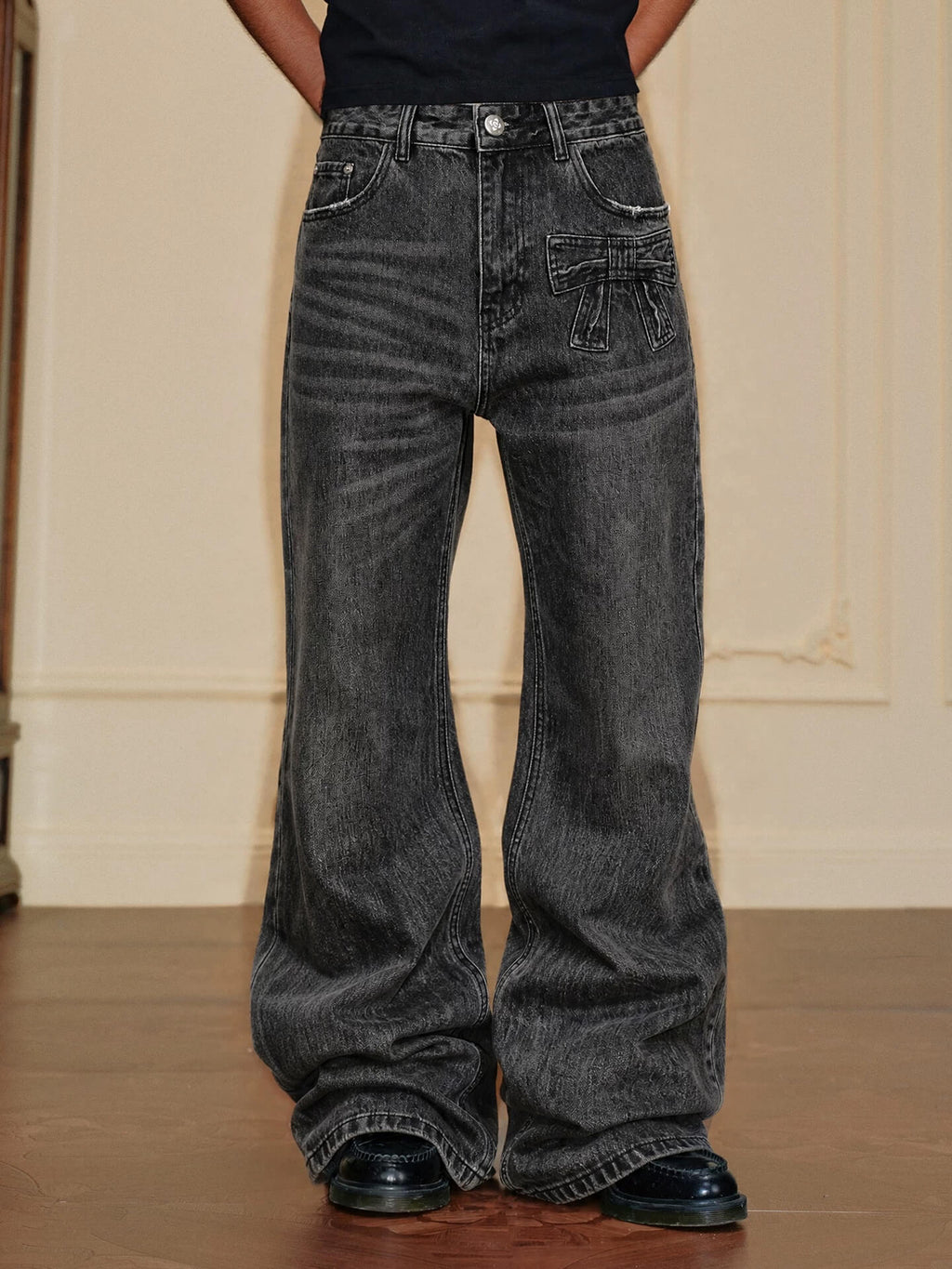 YADcrew Ribbon Patch Distressed Vintage Flared Jeans