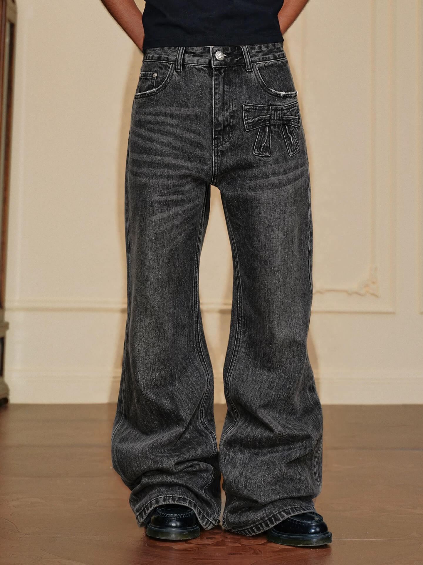 YADcrew Ribbon Patch Distressed Vintage Flared Jeans