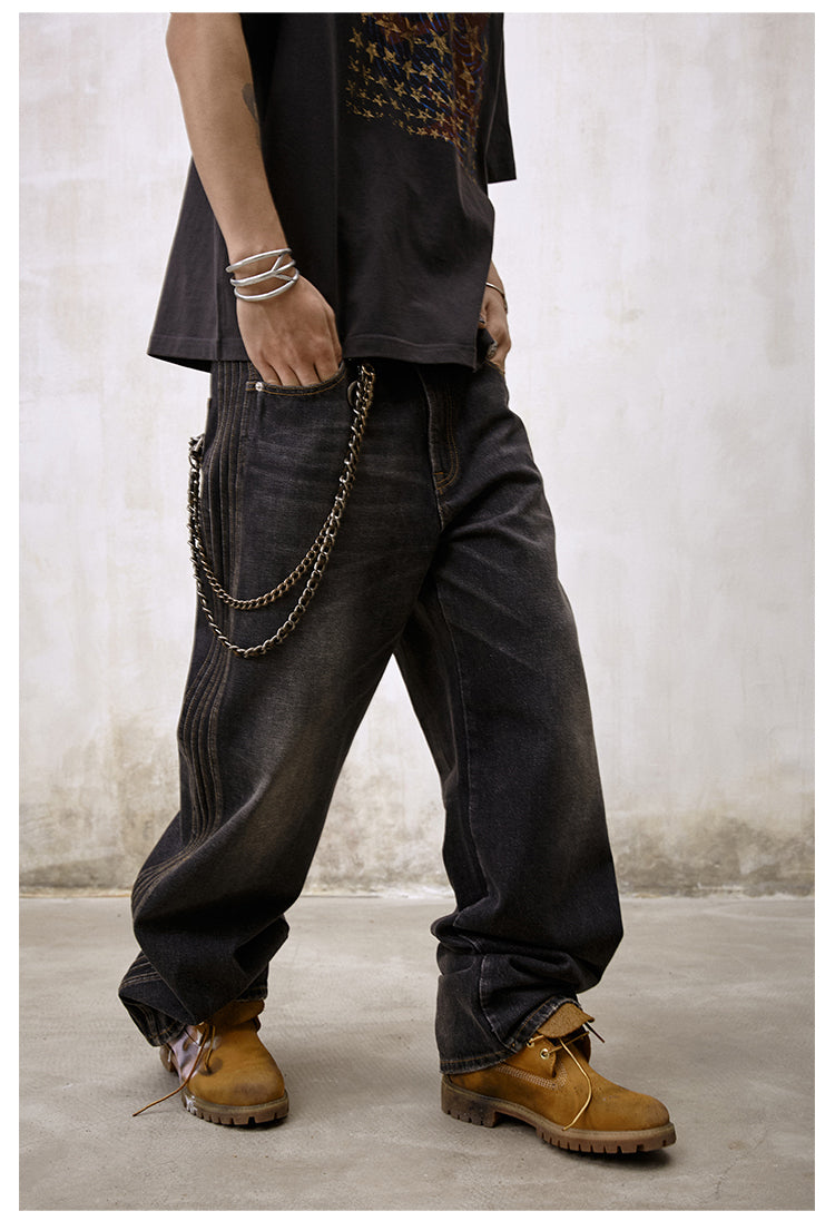Remedy Double Layer Back Pocket Side Stitch Washed Jeans