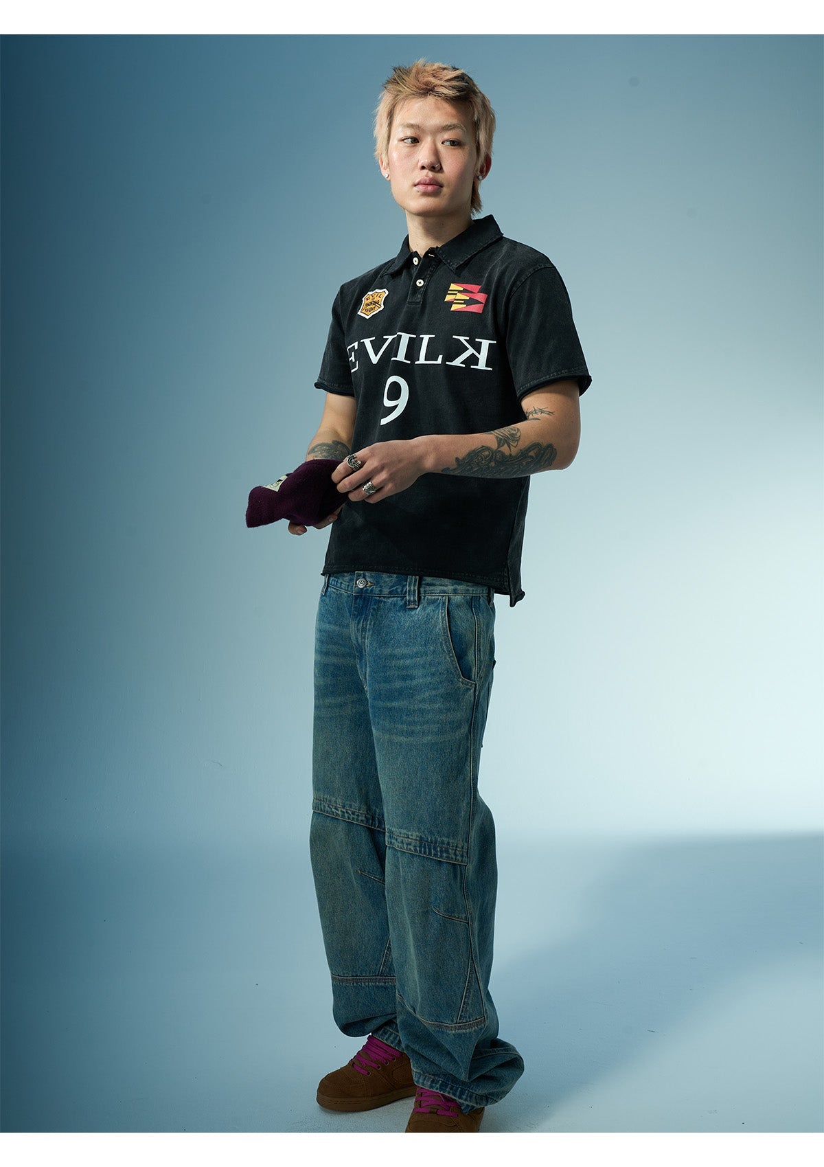 EVILKNIGHT(EK) Embroidered and Logo Printed Washed Polo
