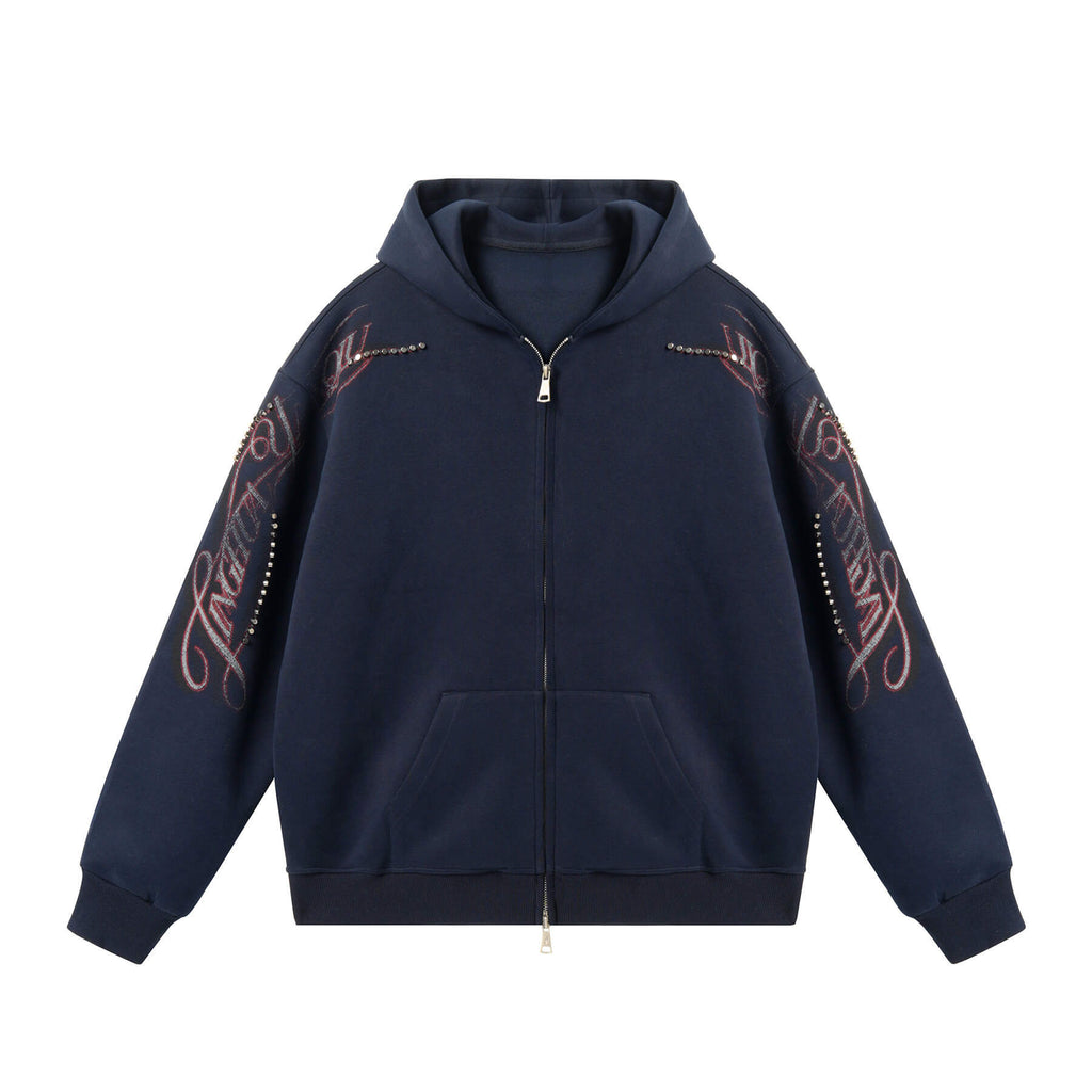 JHYQ Studded Calligraphy Print Double Zipper Hoodie