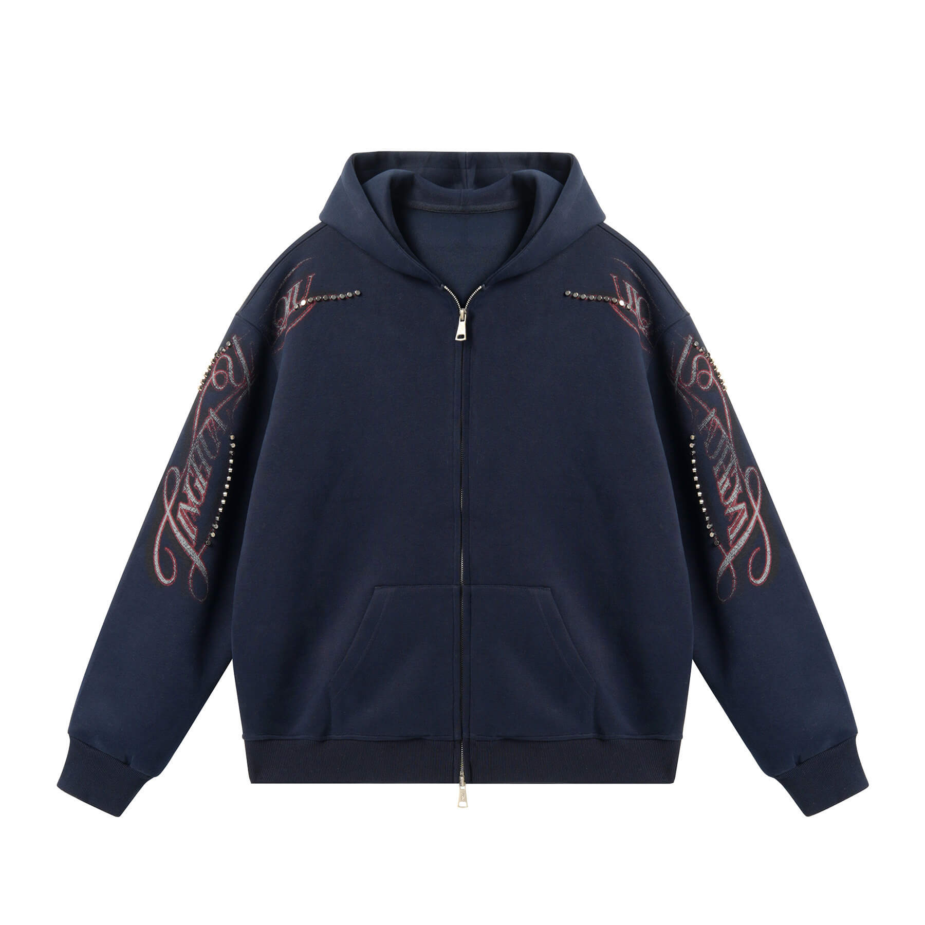 JHYQ Studded Calligraphy Print Double Zipper Hoodie