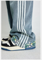 DICETINY Side Striped Floral Embroidered Washed Jeans