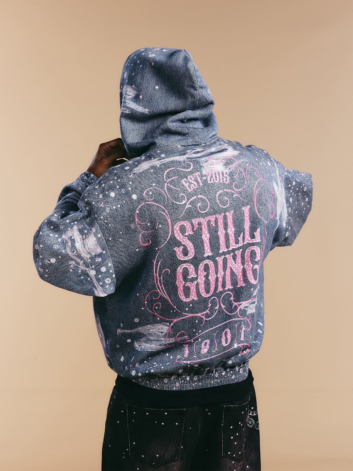 1807 Swarovski Crystal Diamond Denim Zip Up Hoodie