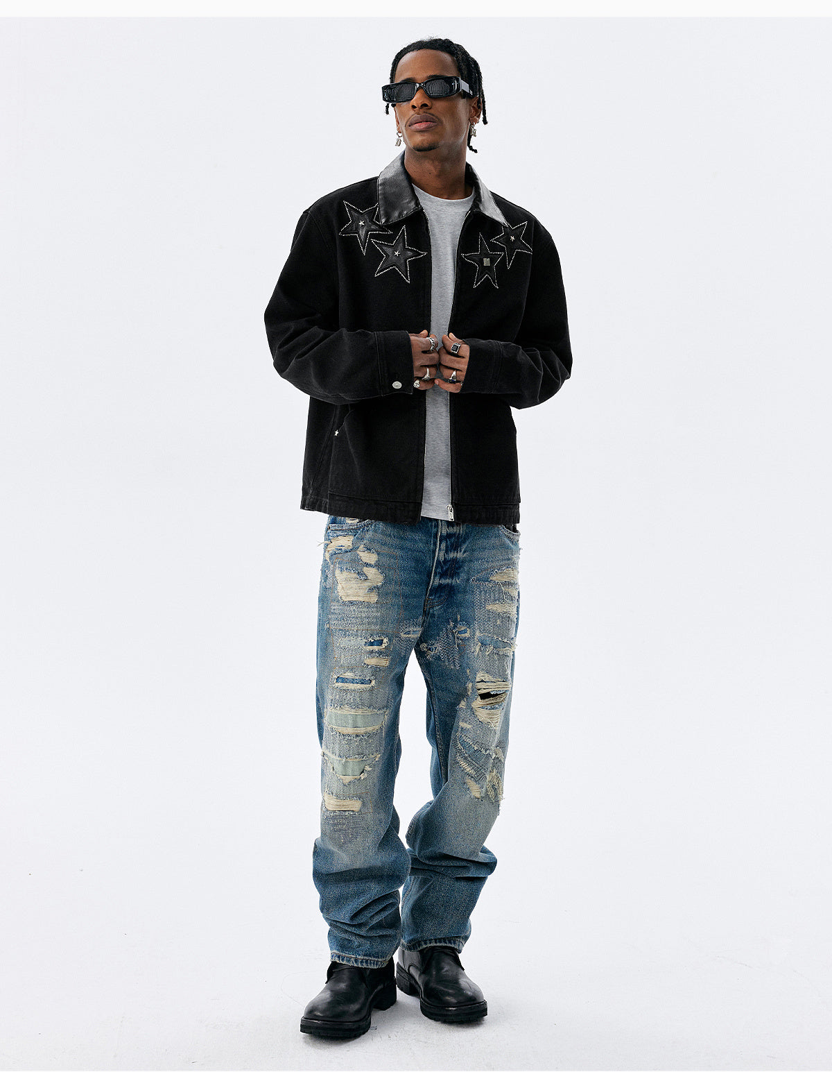 MEDM Star Studded Leather Patch Detroit Jacket