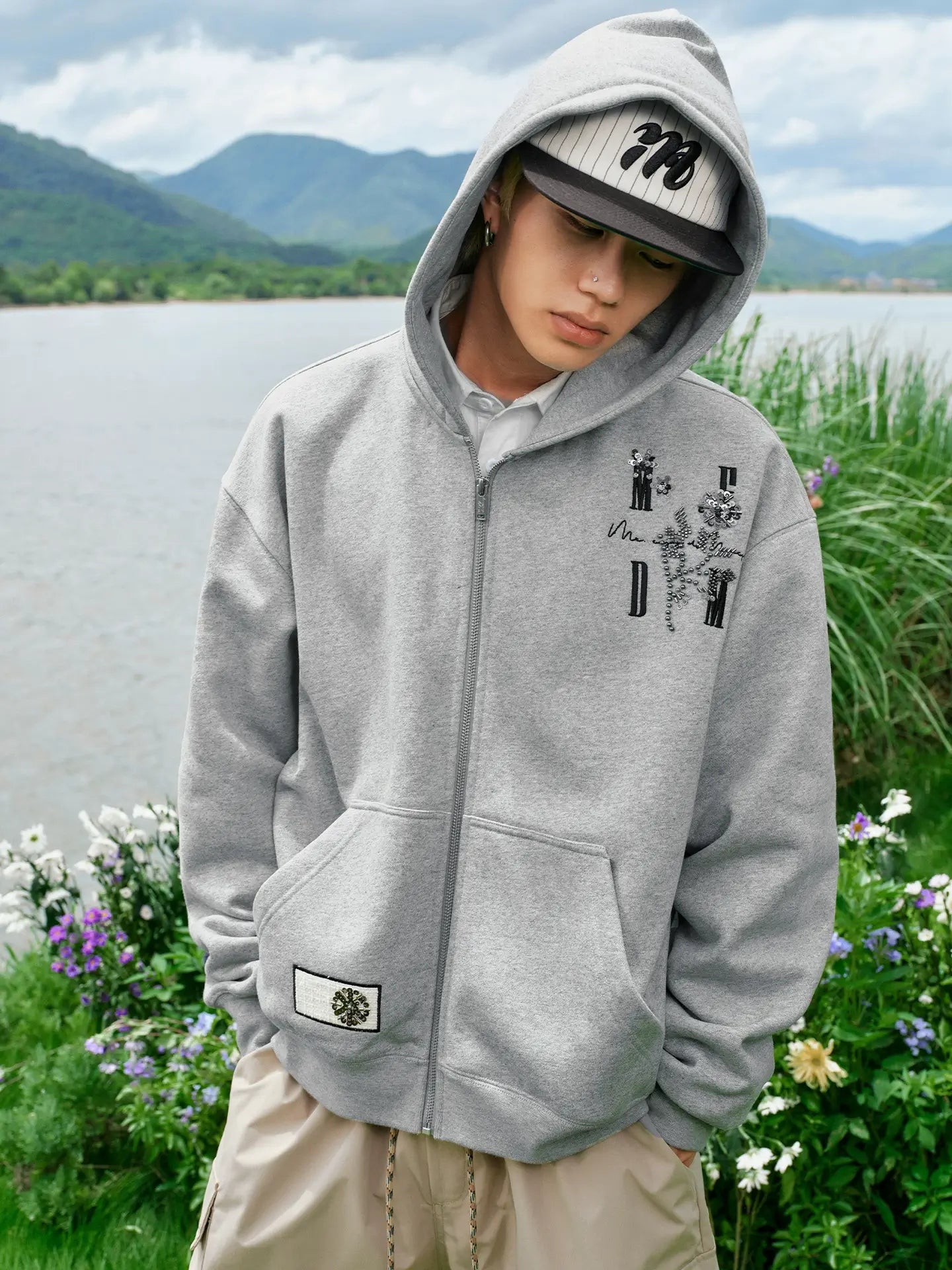 MEDM Beaded Flower Embellished Zip Up Hoodie
