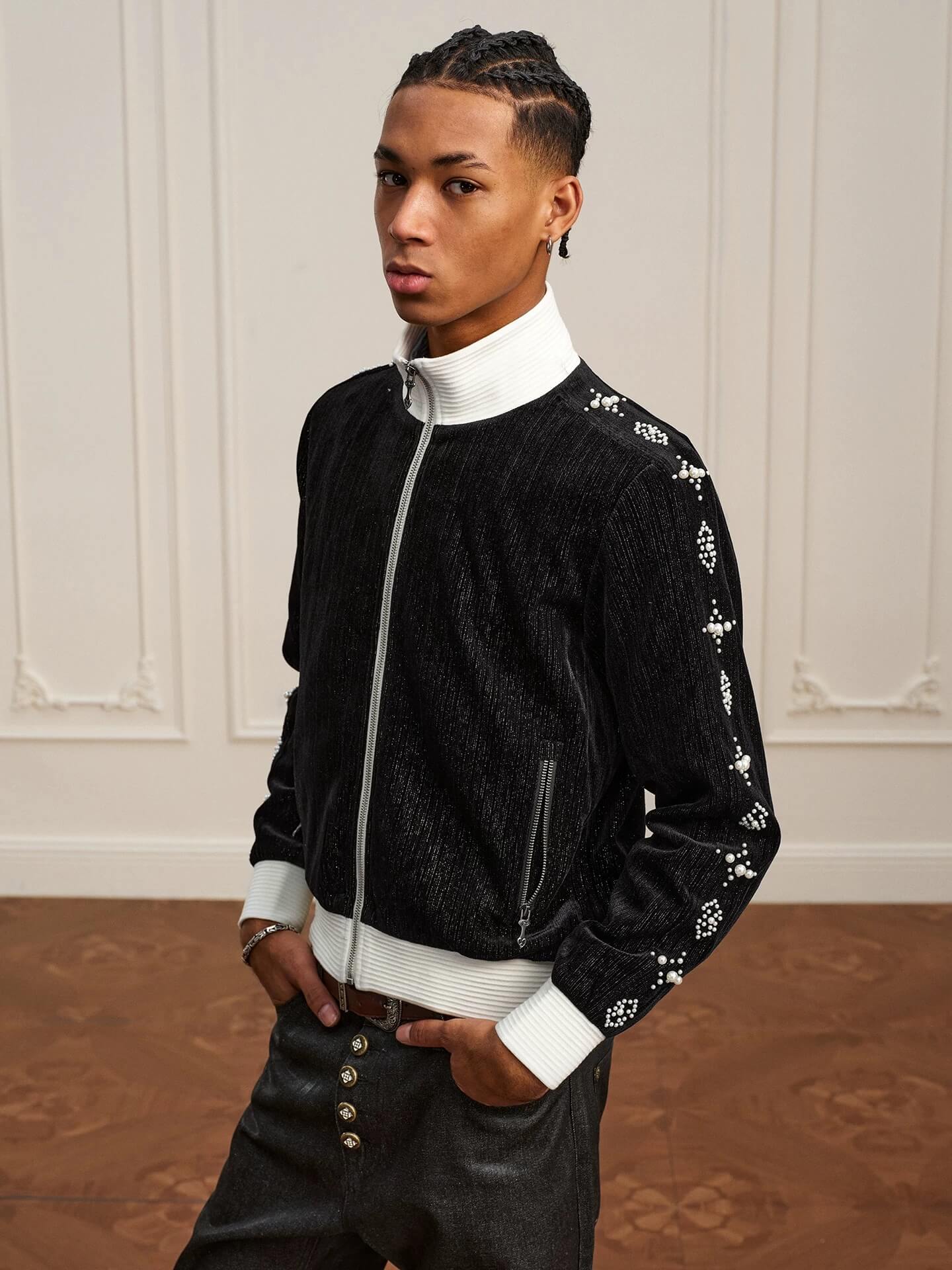 YADcrew Silver Thread Velvet Pearl Track Jacket
