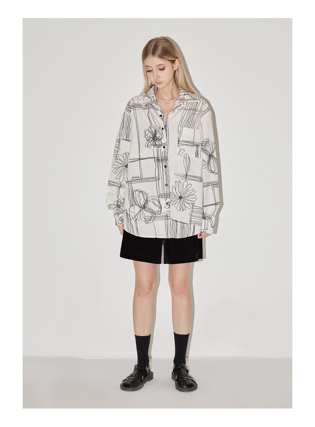 EMPTY REFERENCE Sketch Plaid Floral Print Long Sleeved Shirt