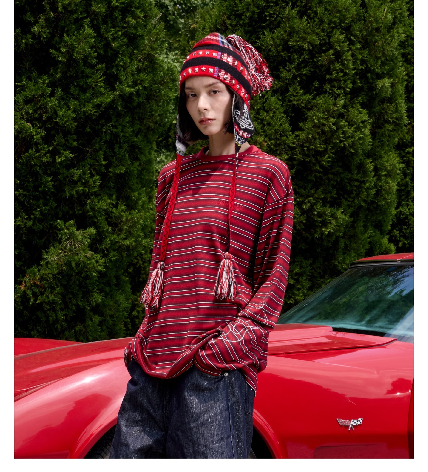 S45 Rhinestone Flame Stripe Long Sleeve Tee