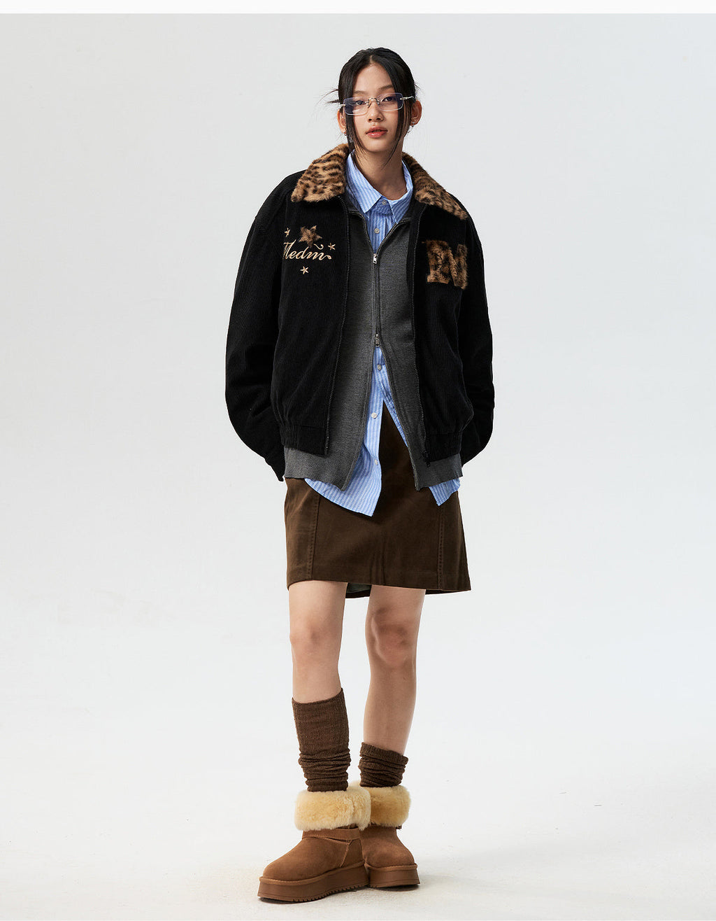 MEDM Leopard Fur Collar Corduroy Jacket