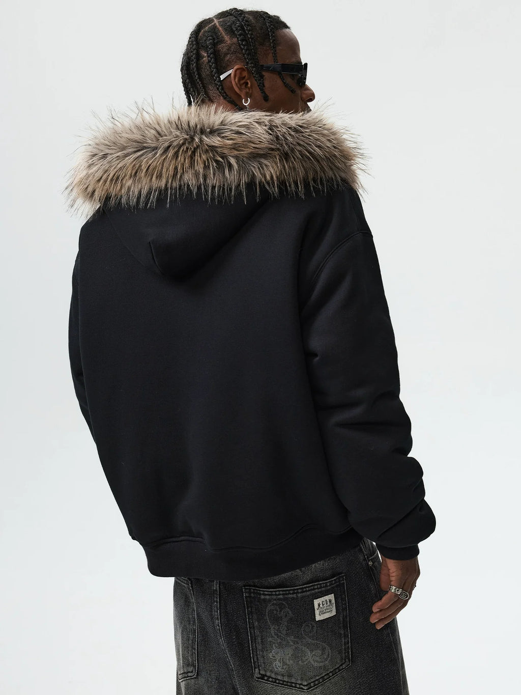 MEDM Faux Fur Lined Hooded Fur Zip Up Jacket