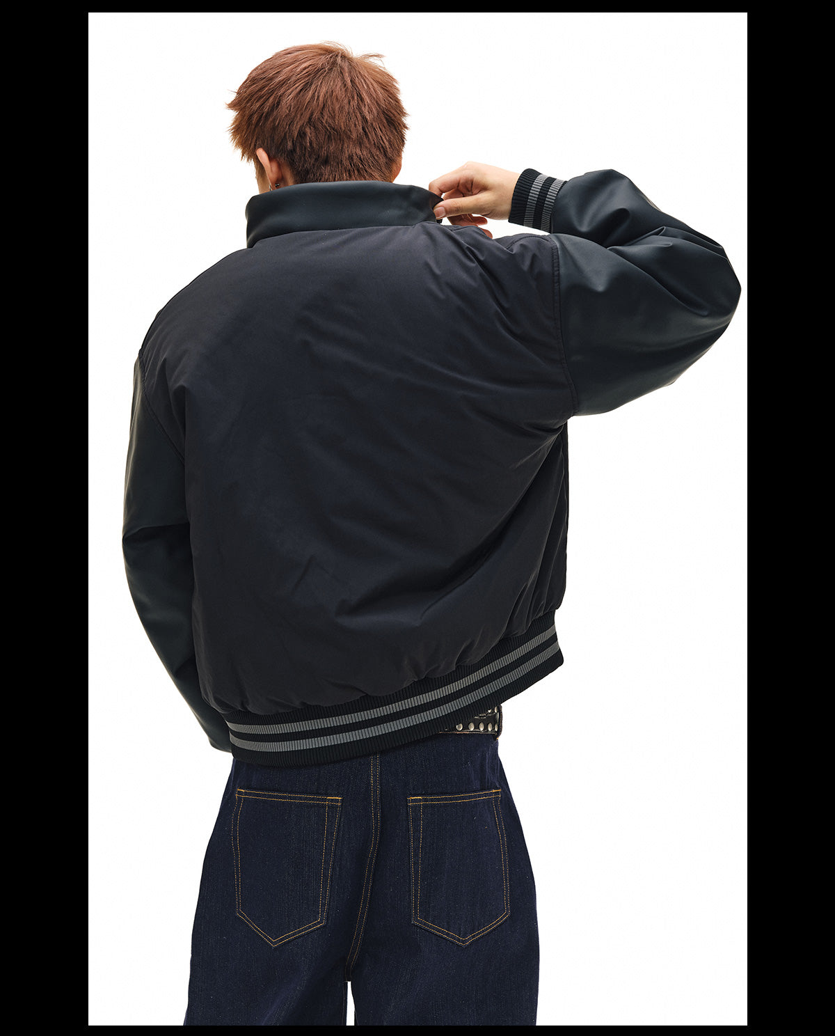 NOVACAM PU Leather Sleeve Puffer Varsity Jacket