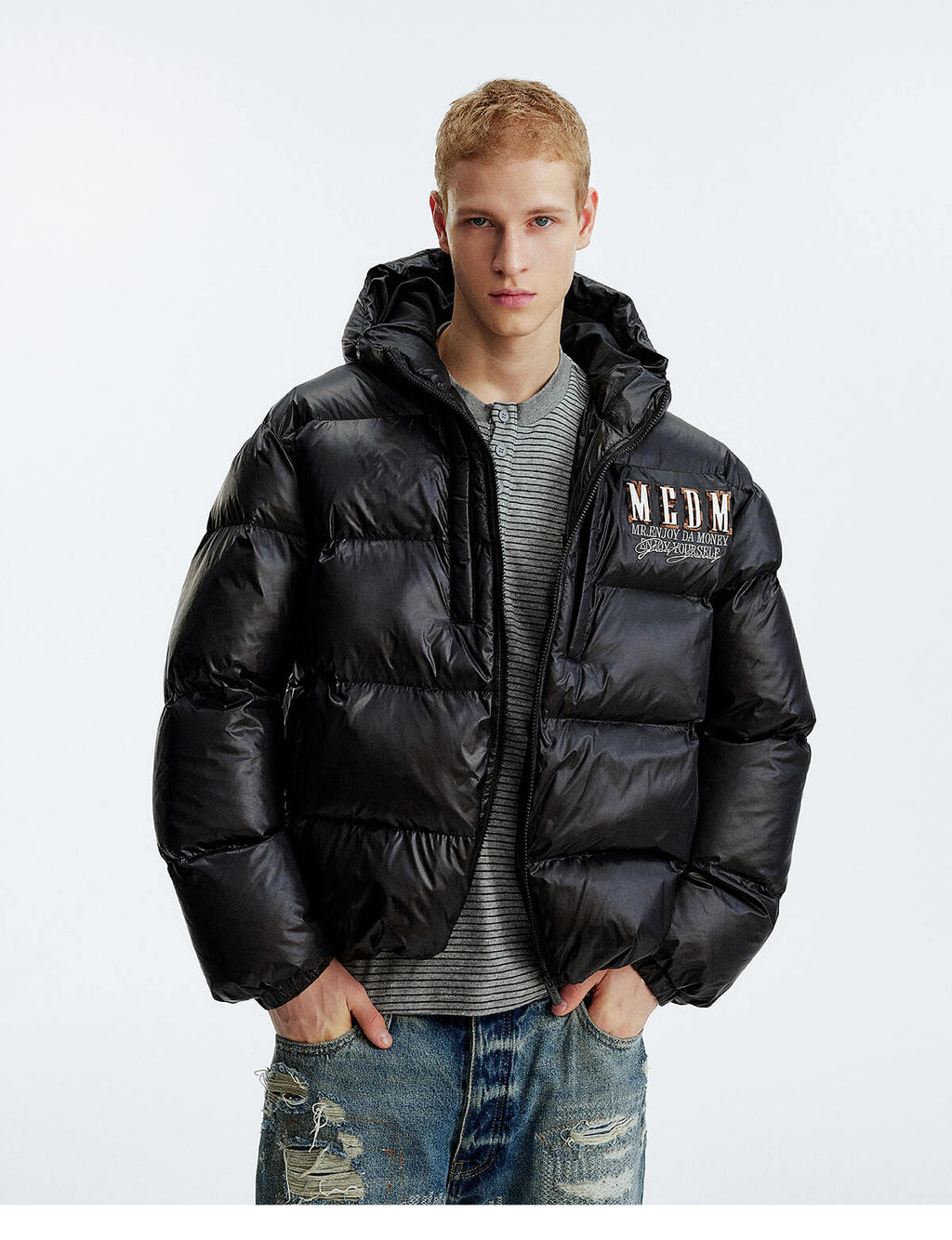 MEDM Leopard Leather Patch Puffer Jacket