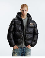 MEDM Leopard Leather Patch Puffer Jacket