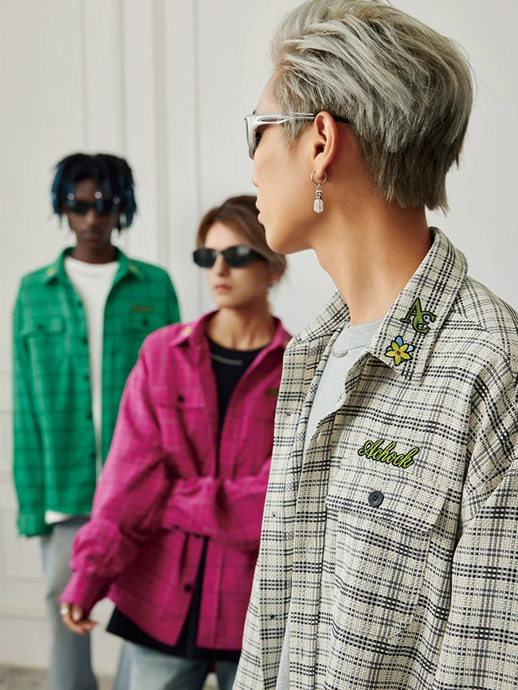 Achock Color Blocking Logo Embroidery Plaid Long Sleeve Shirt