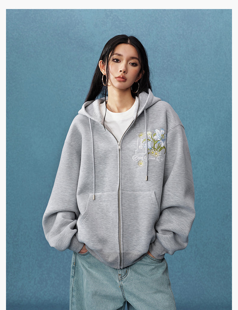 MEDM Floral Embroidery Air Layer Zip-Up Hoodie