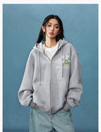 MEDM Floral Embroidery Air Layer Zip-Up Hoodie