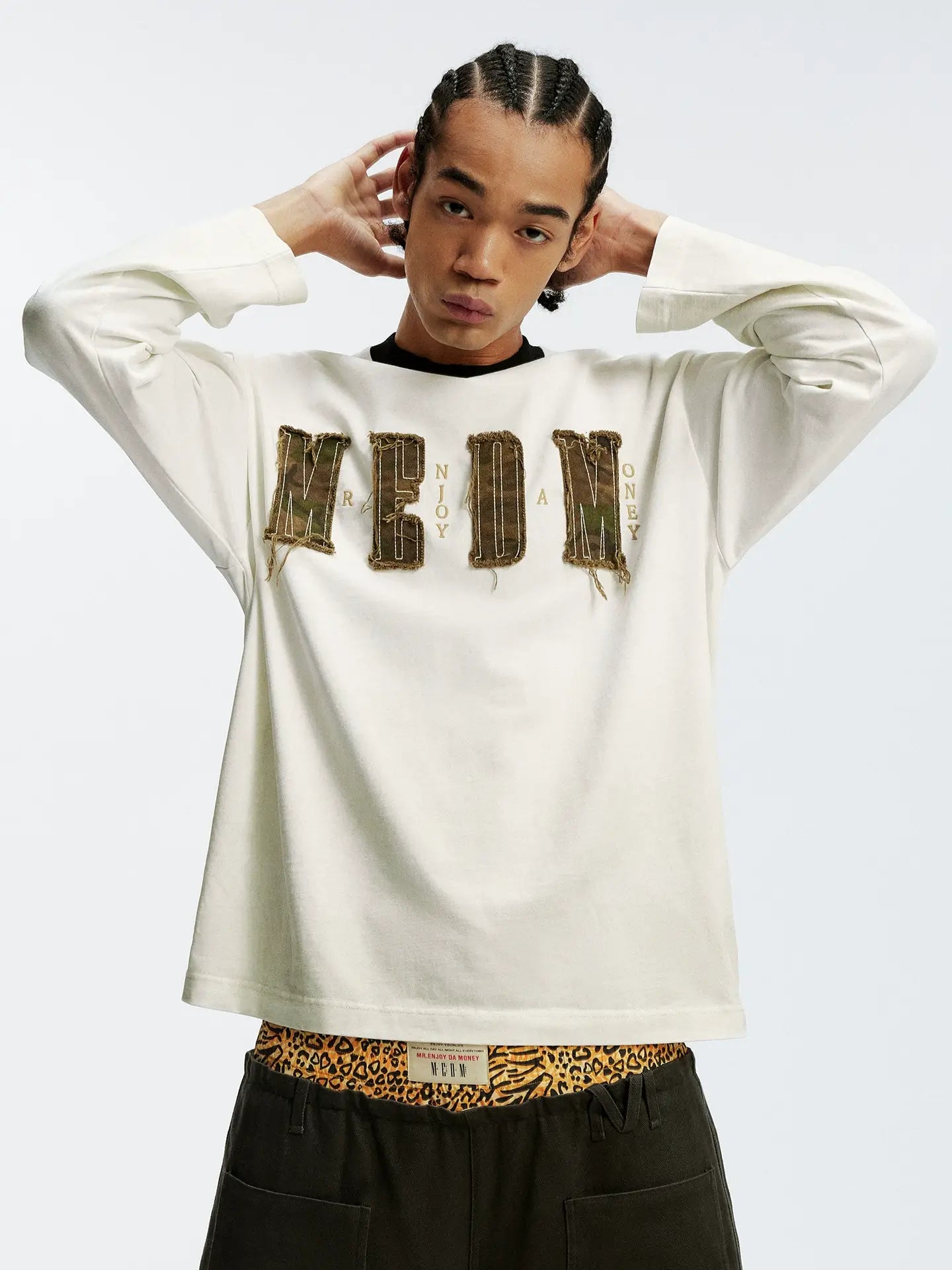 MEDM Frayed Logo Patch Washed Distressed Long Sleeve Tee