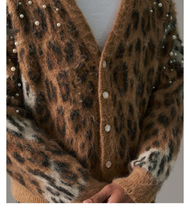 S45 Pearl Studded Leopard Knit Cardigan