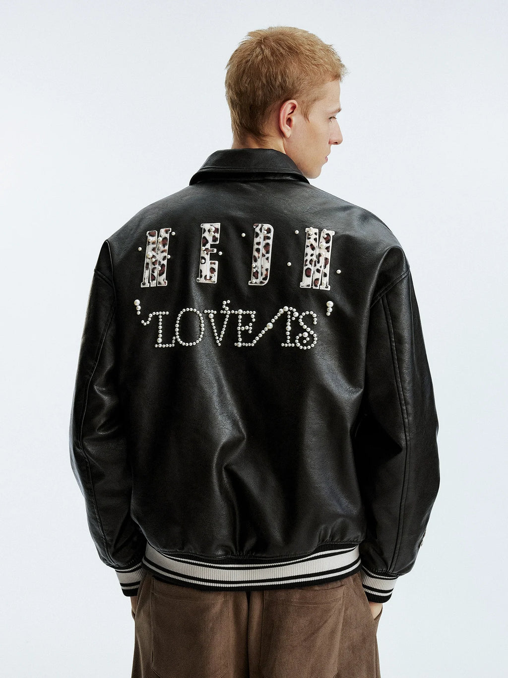 MEDM Leopard Patch Pearl PU Leather Varsity Jacket