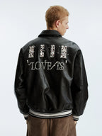 MEDM Leopard Patch Pearl PU Leather Varsity Jacket