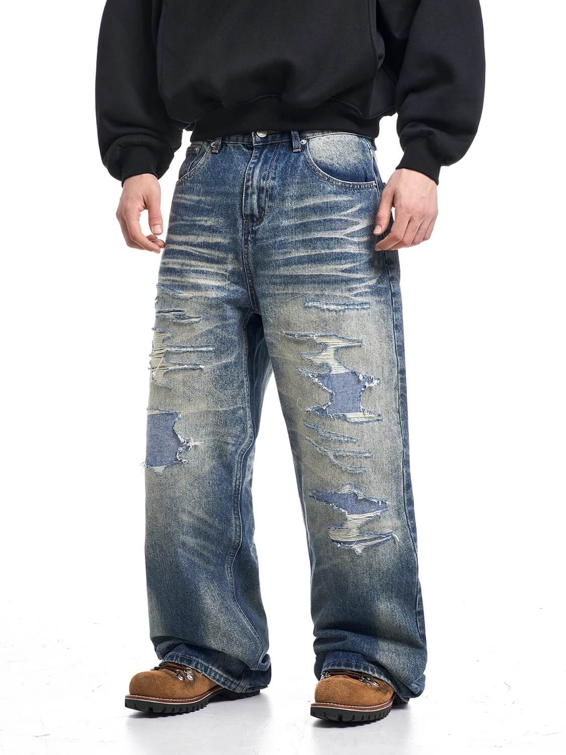 F3F Select Heavy Distressed Washed Patchwork Baggy Jeans