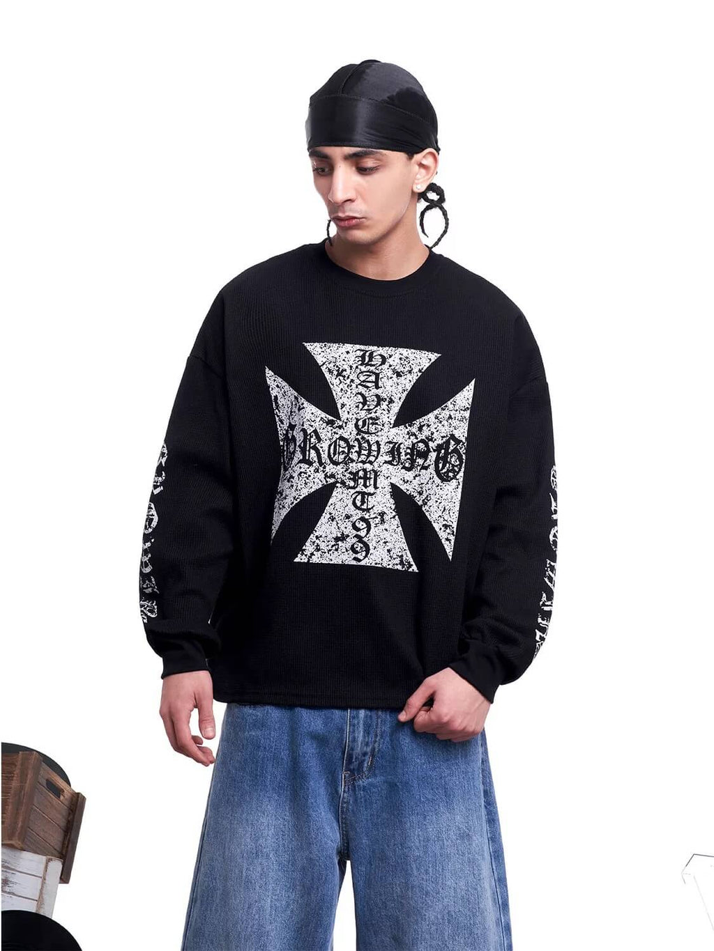 F3F Select Vintage Cross Print Waffle Long Sleeve Tee