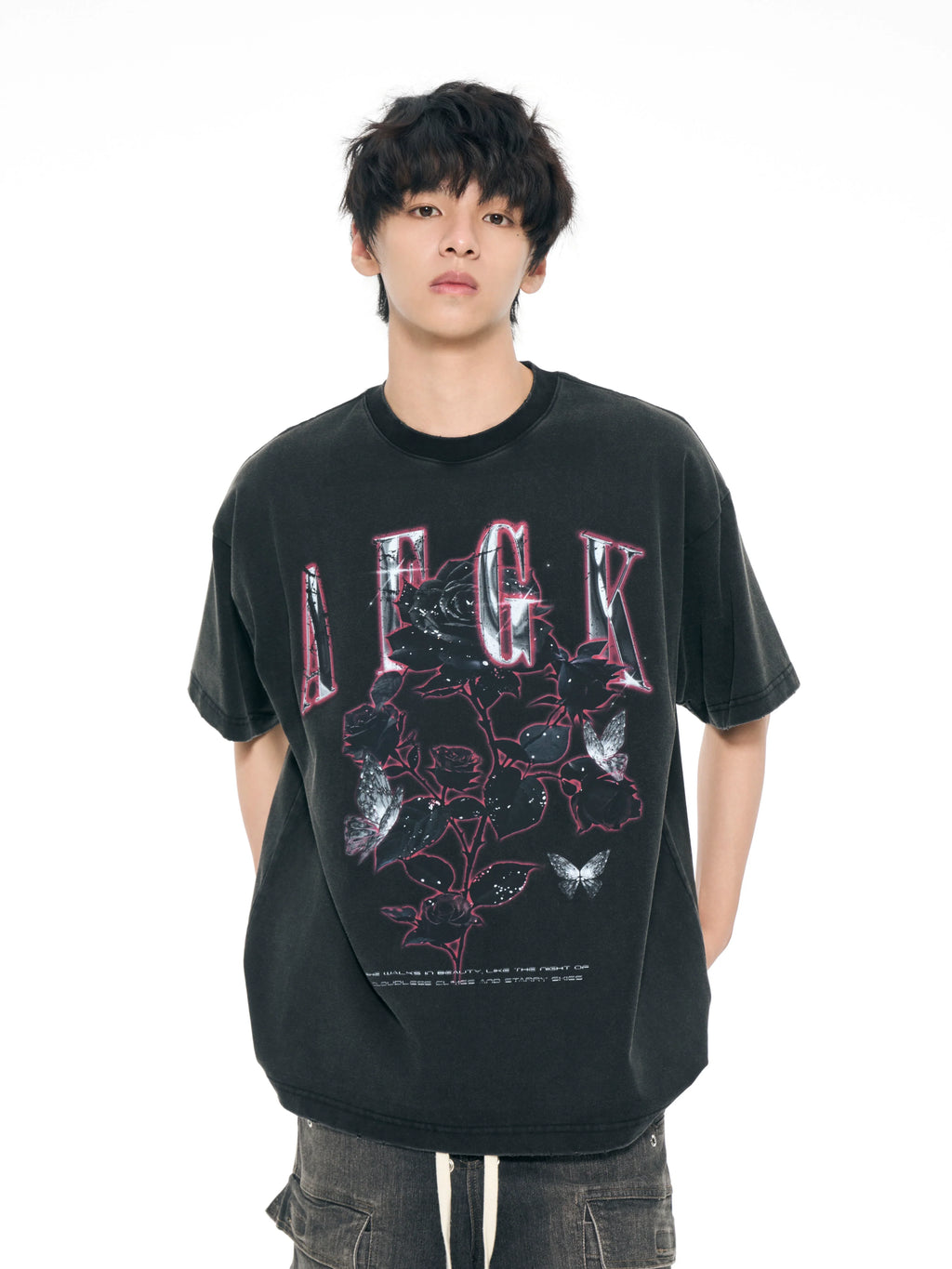 AFGK Metal Rose Print Distressed Washed Tee