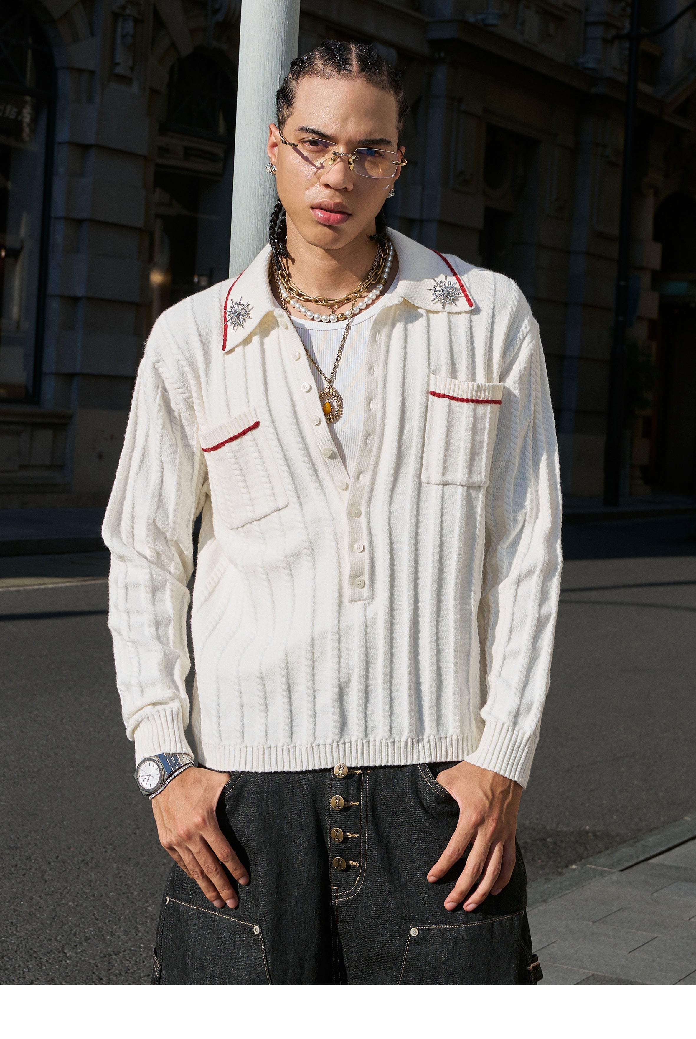 STEEPC Twisted Stripe Polo Knit Sweater