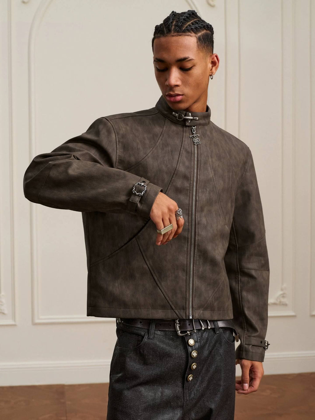 YADcrew Washed PU Leather Racing Jacket