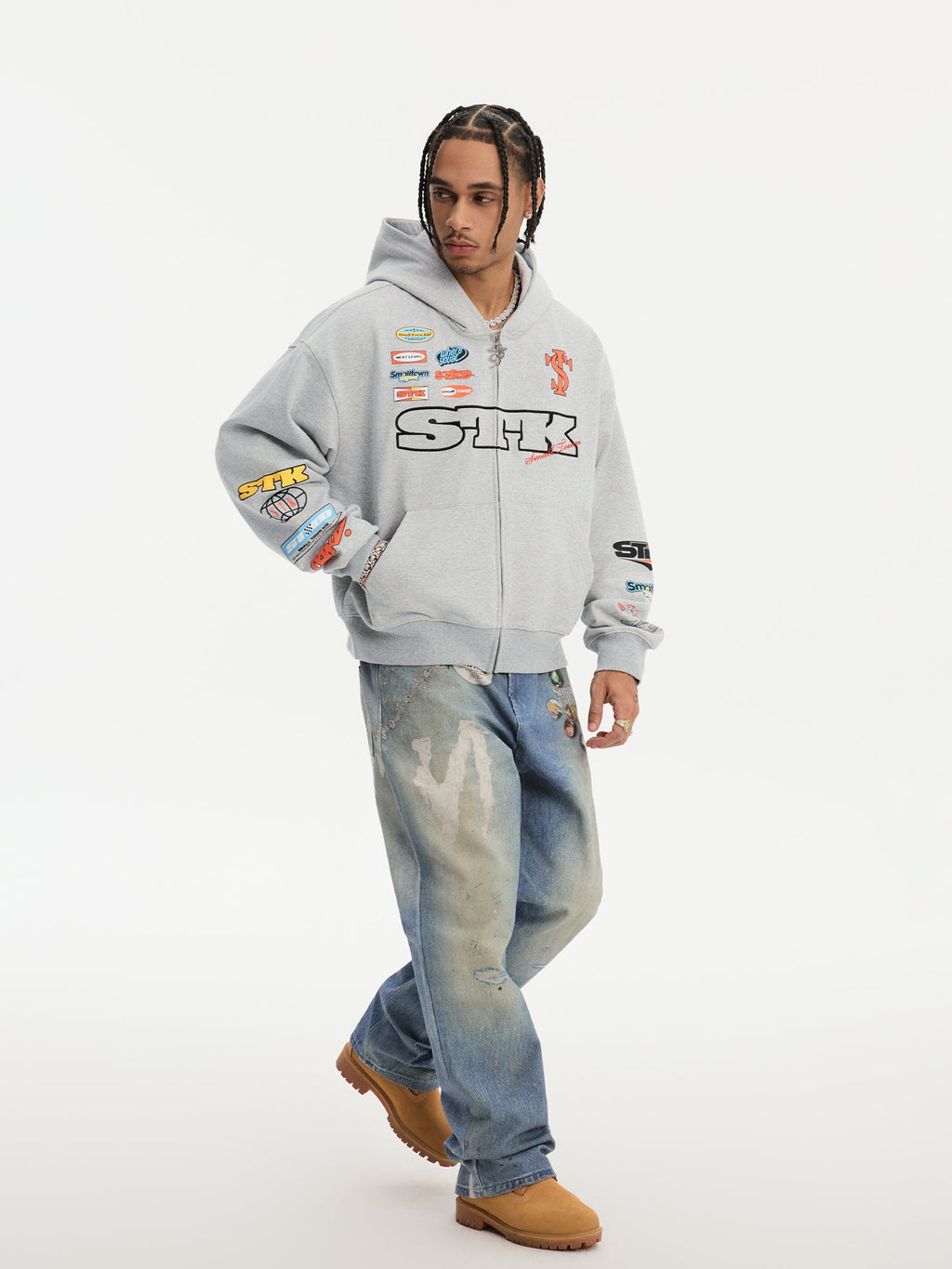 Small Town Kid Racing Badge Printed and Embroidered Zip-Up Hoodie