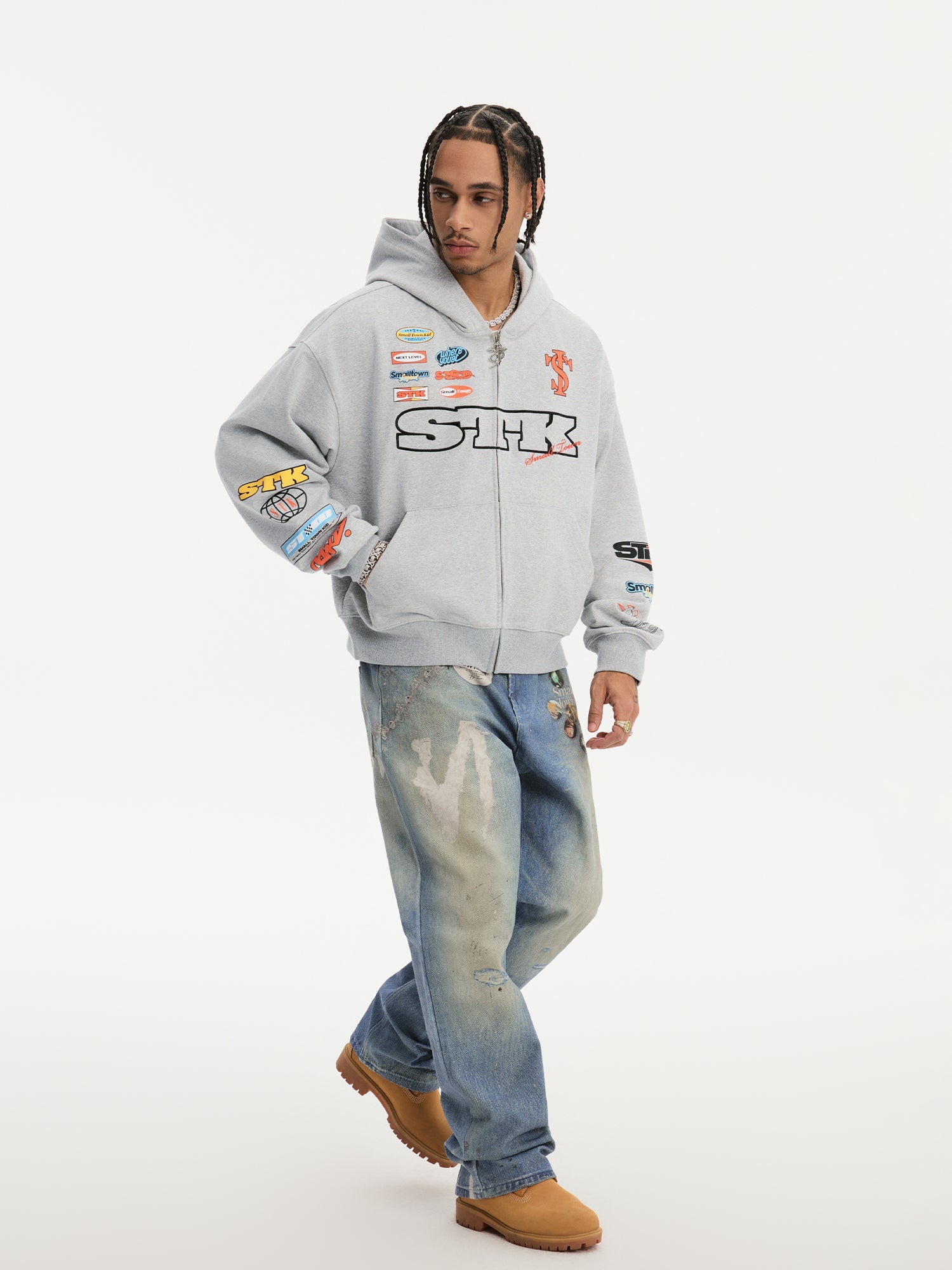 Small Town Kid Racing Badge Printed and Embroidered Zip-Up Hoodie