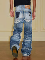 YADcrew Vintage Distressed Denim Print Loose Fit Wide Leg Jeans