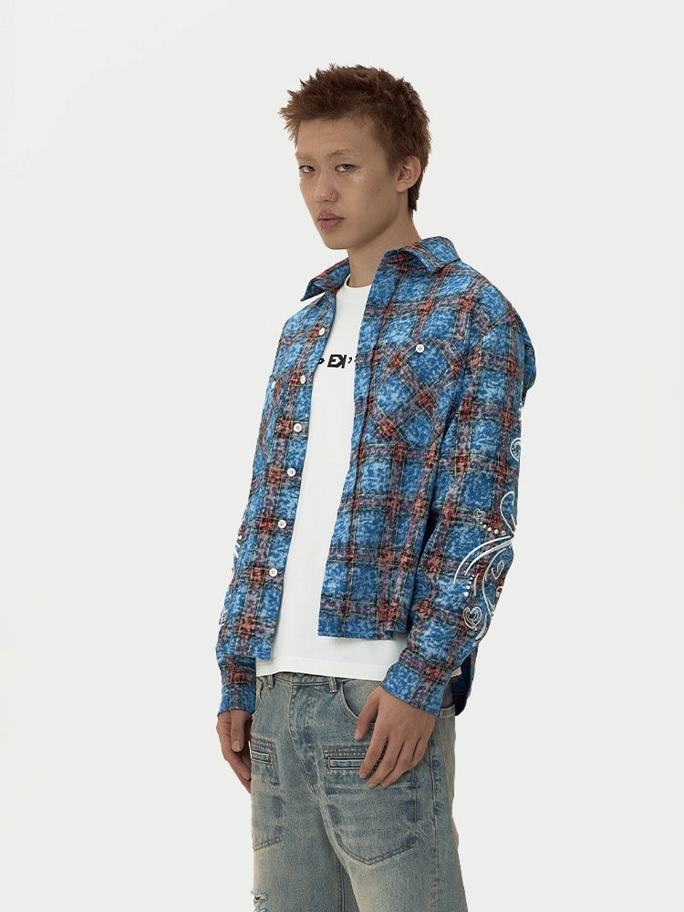 EVILKNIGHT(EK) Floral Embroidered Plaid Long Sleeve Shirt