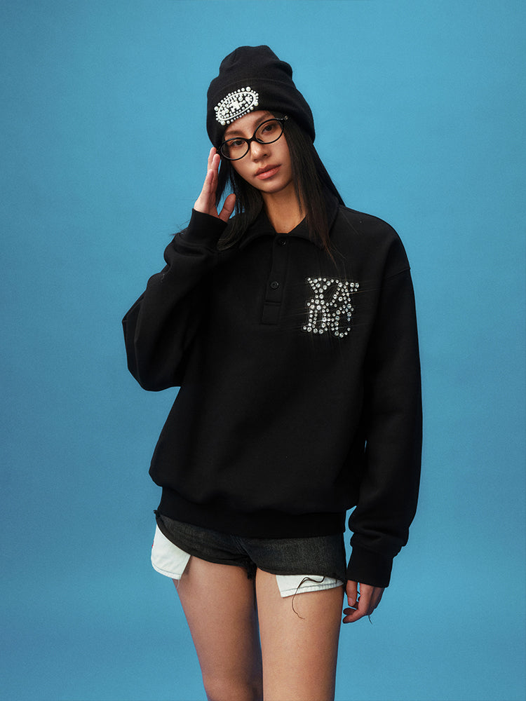 YADcrew Diamond-Studded Leather Logo Polo Sweatshirt