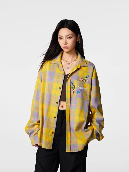 Achock Flower Embroidery Plaid Long Sleeved Shirt