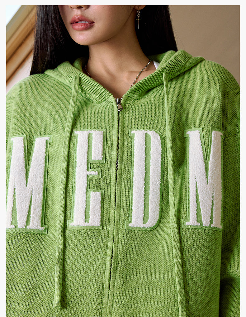 MEDM Basic Embroidered Logo Zip Up Knit Hoodie