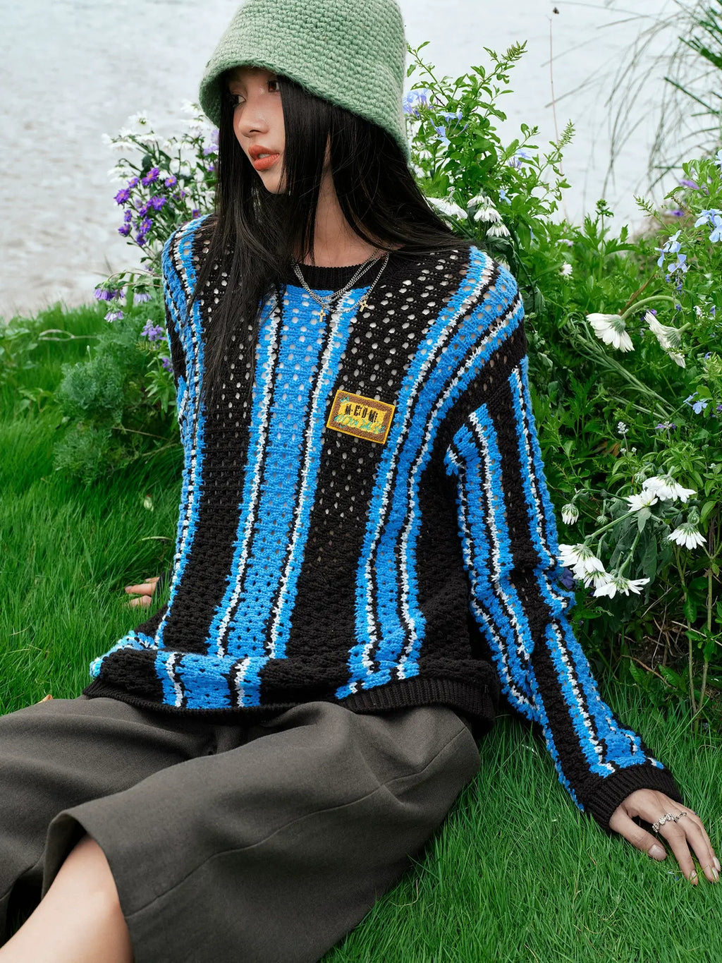 MEDM Multi Color Striped Open Knit Sweater