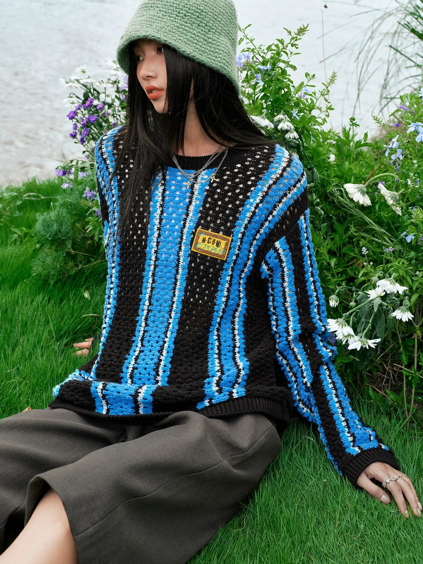 MEDM Multi Color Striped Open Knit Sweater