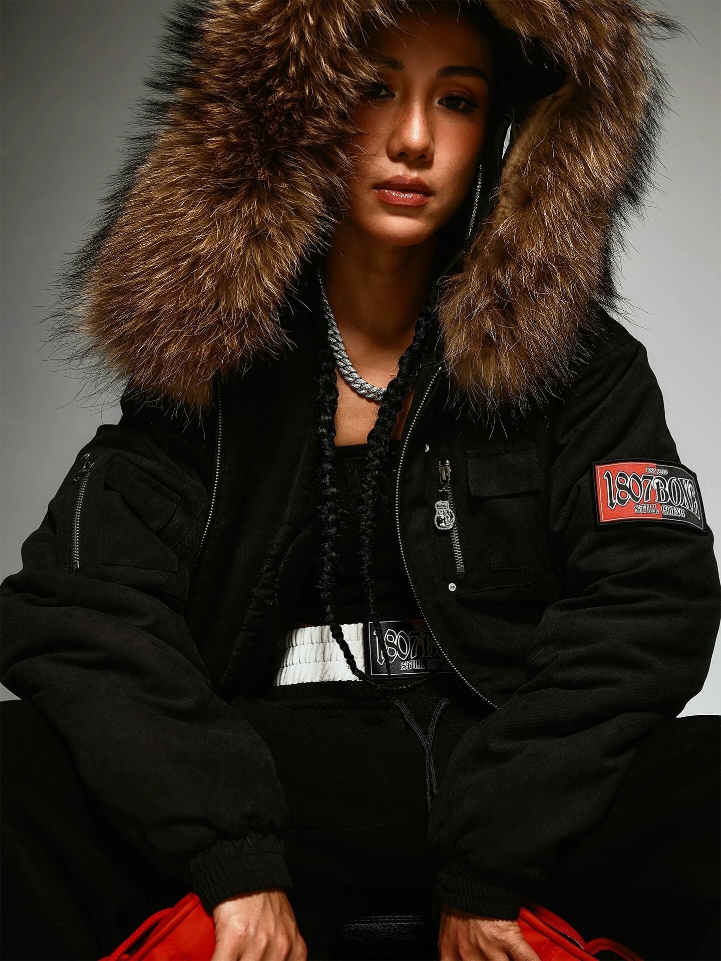 1807 Faux Fur Hood Trim Bomber Jacket