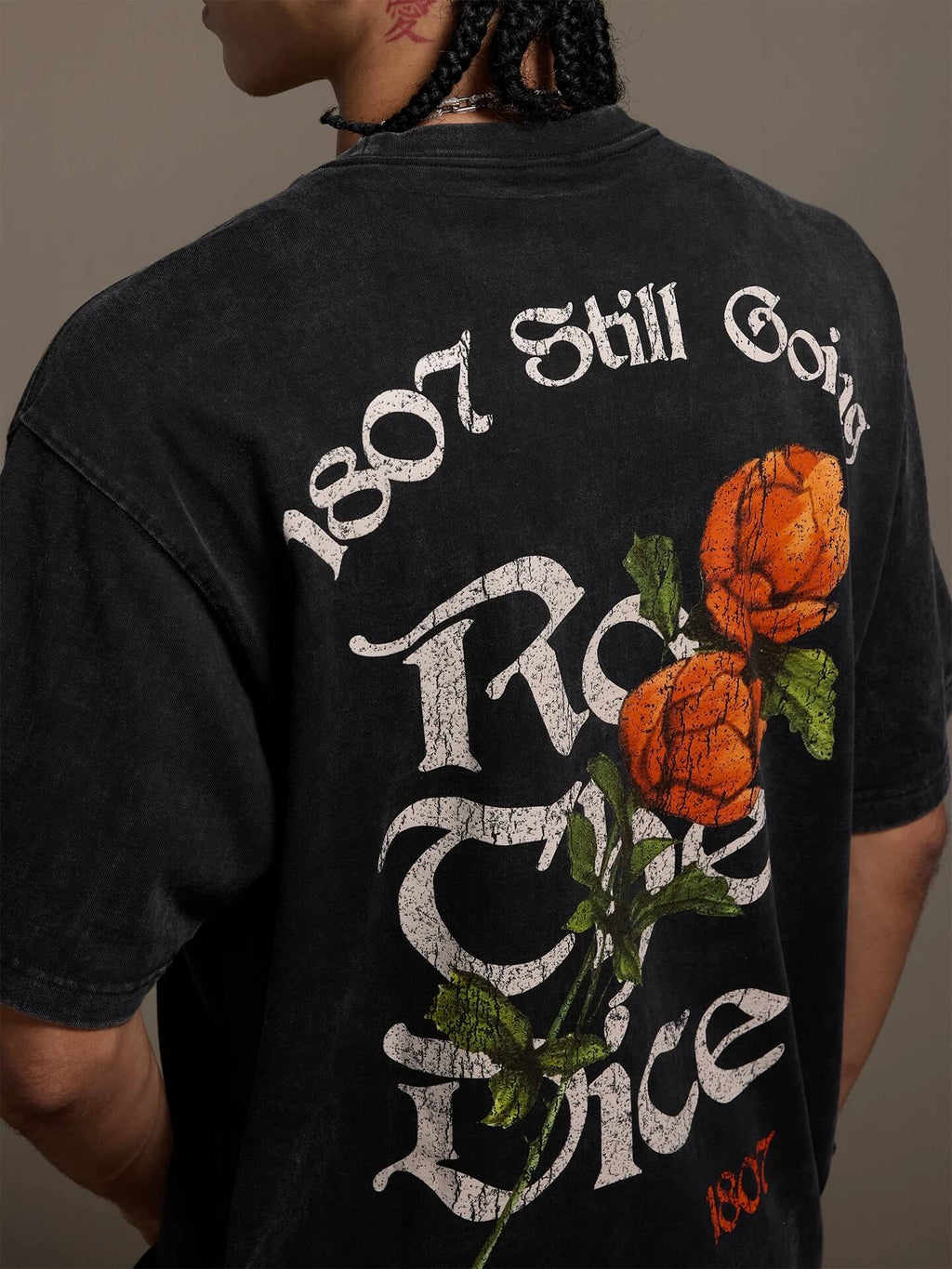 1807 Vintage Cracked Rose Print Washed Short Sleeve Tee