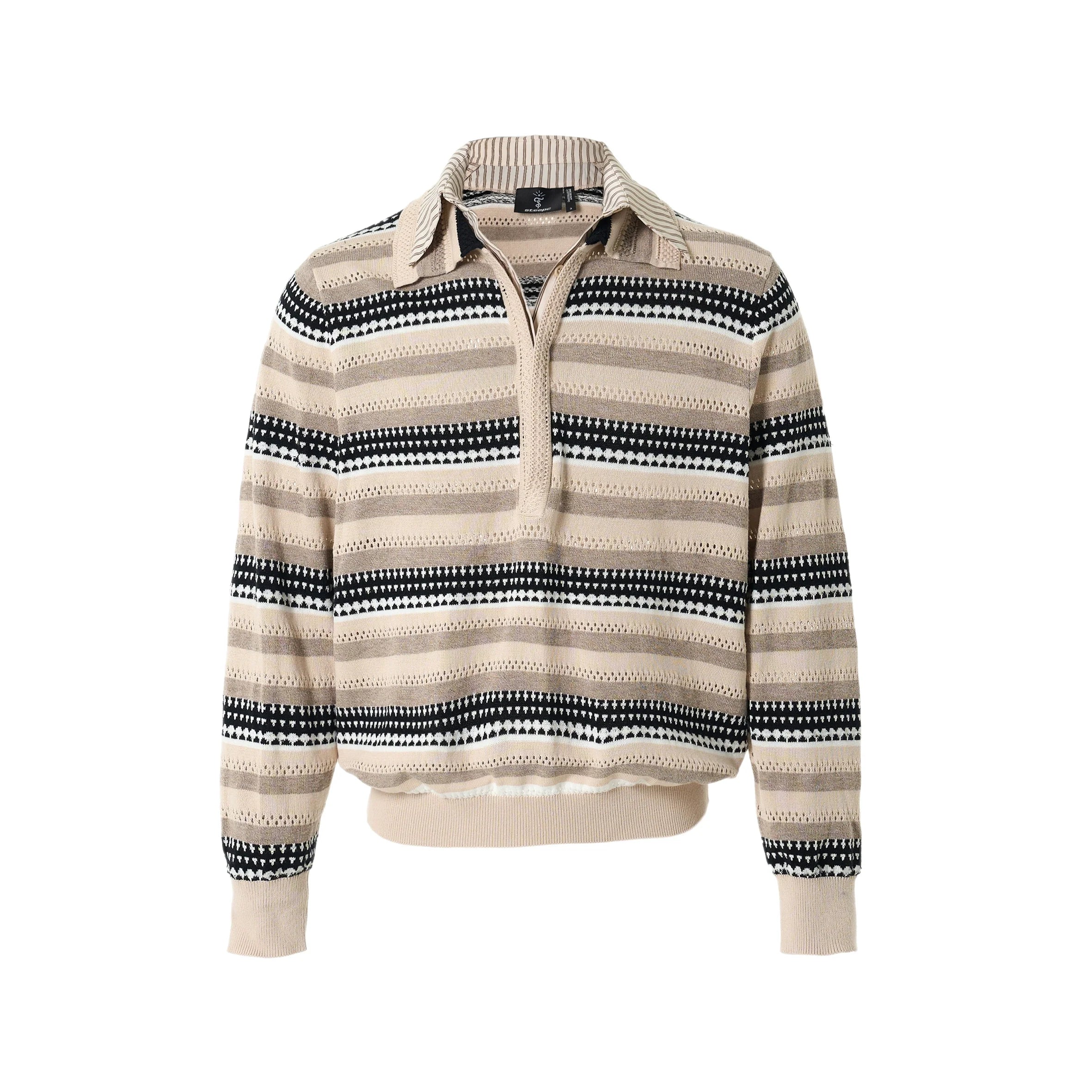 STEEPC Layered Design Knit Striped Long Sleeve Polo