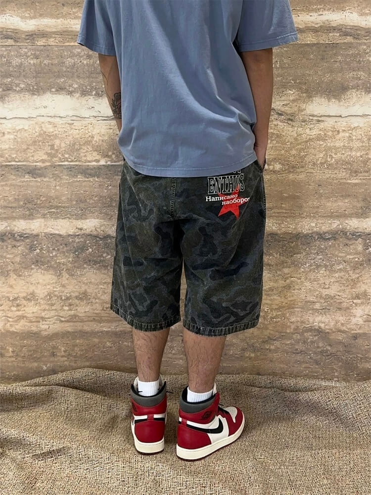 EVETS Washed Faded Camouflage Patchwork Shorts