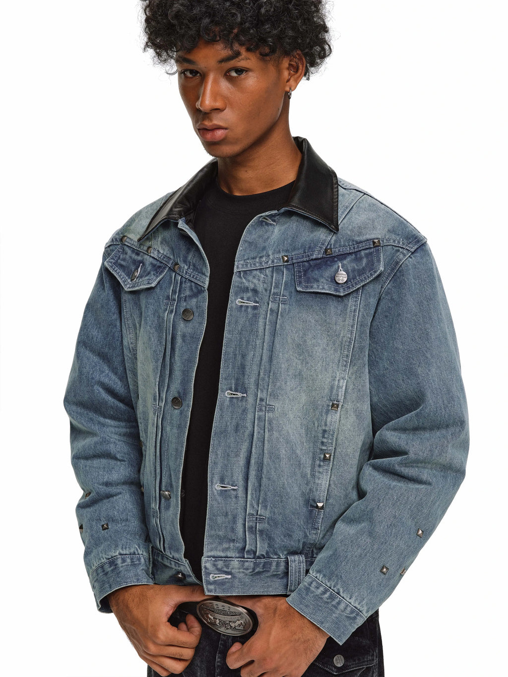 ANTIDOTE Rivet Studded Fleece Lined Denim Jacket