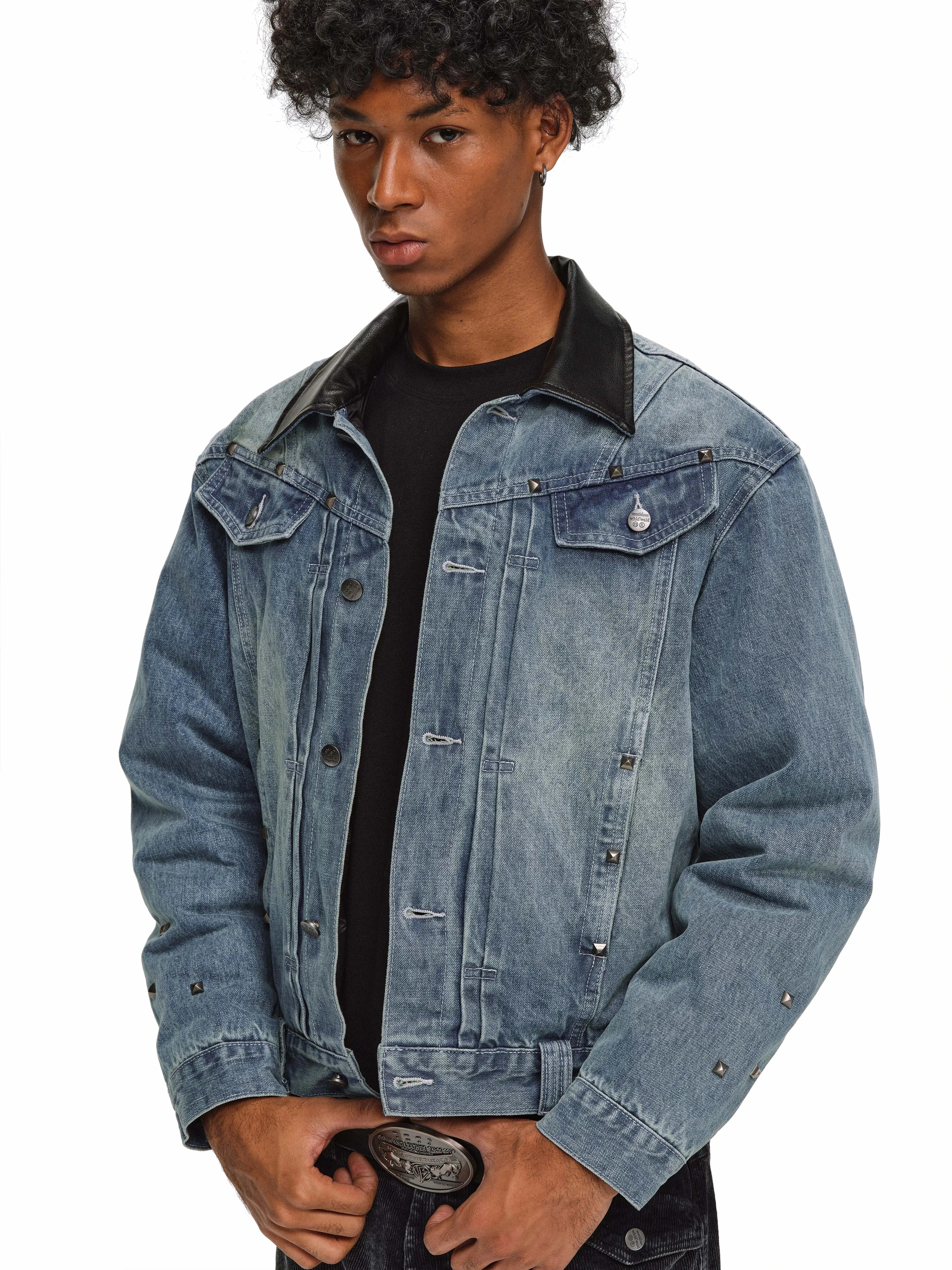 ANTIDOTE Rivet Studded Fleece Lined Denim Jacket