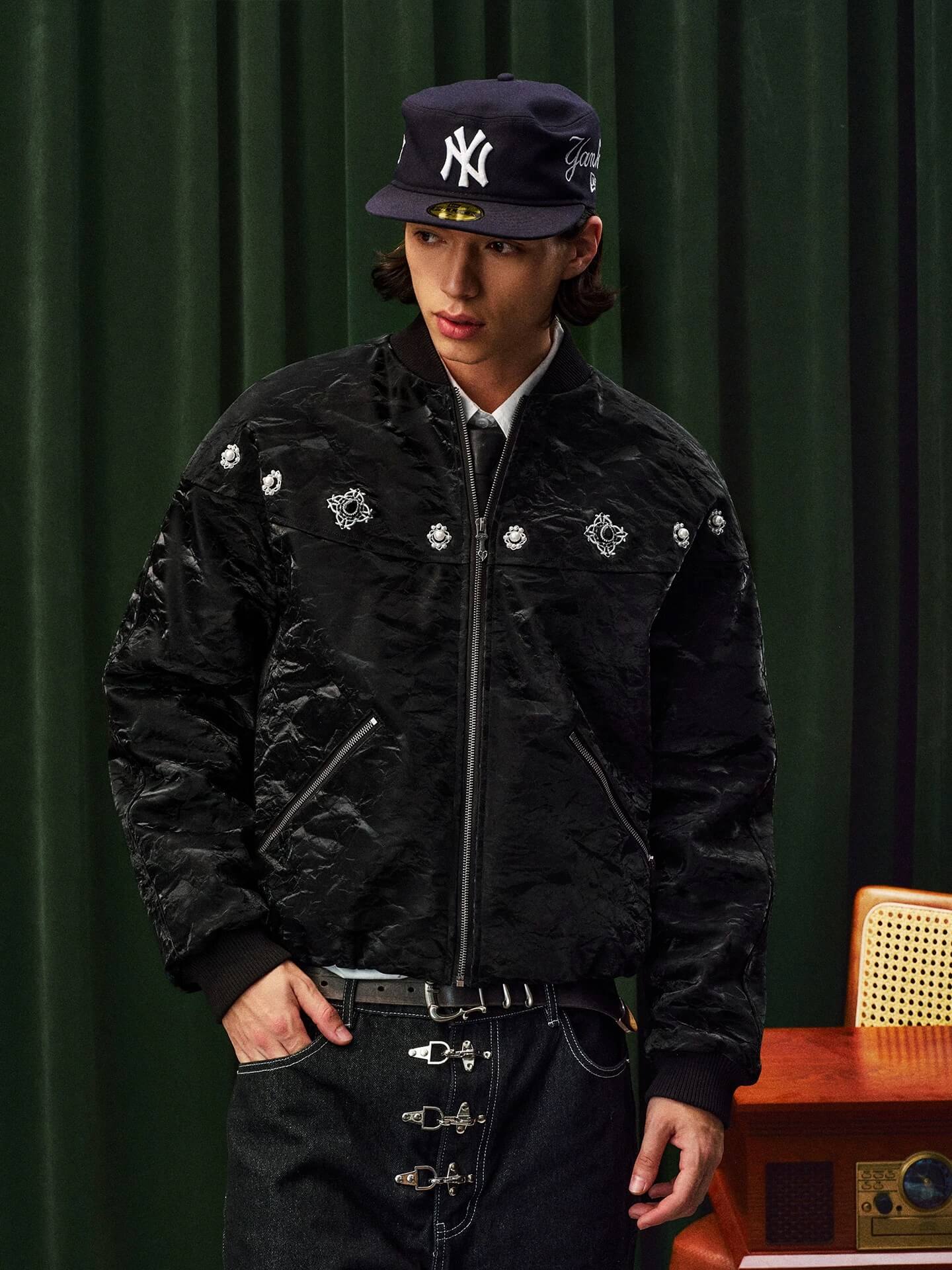YADcrew Velvet PU Leather Pearl Jewelry Bomber Jacket
