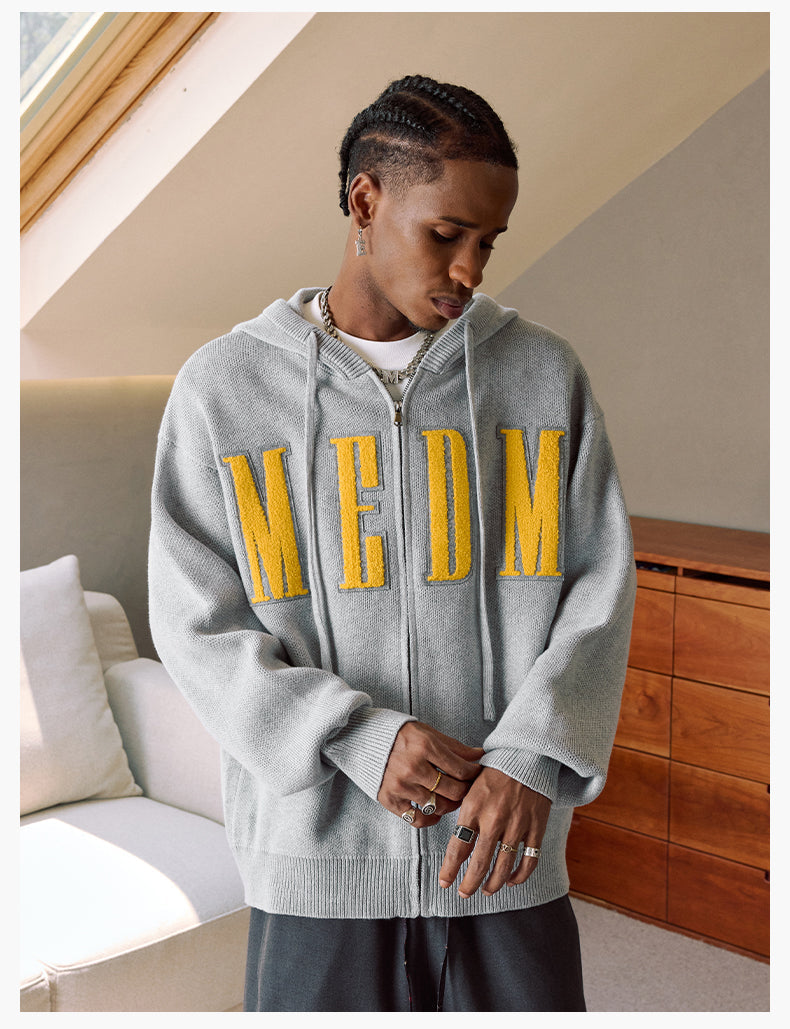 MEDM Basic Embroidered Logo Zip Up Knit Hoodie