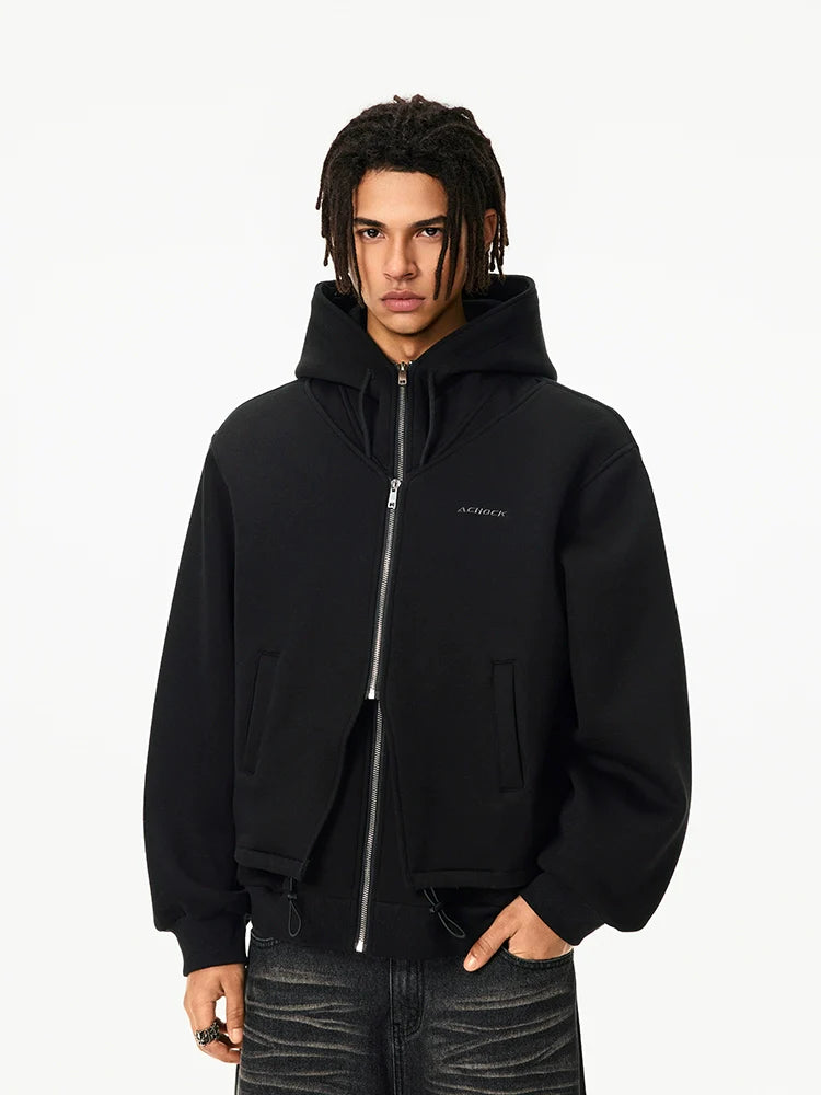 Achock Layered Double Zip Hooded Sweatshirt Jacket