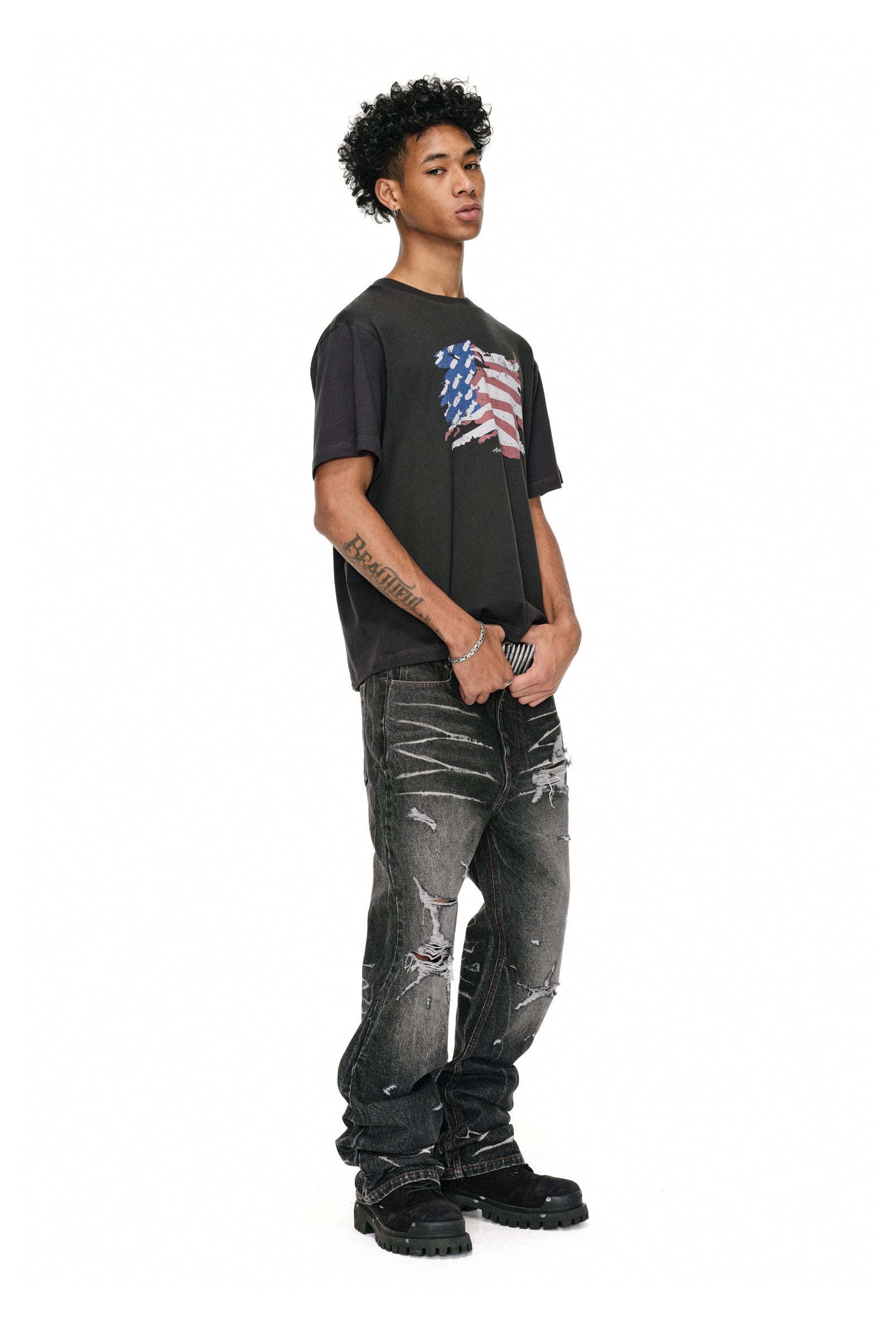 ANTIDOTE Irregular Torn Hole Washed Flared Jeans